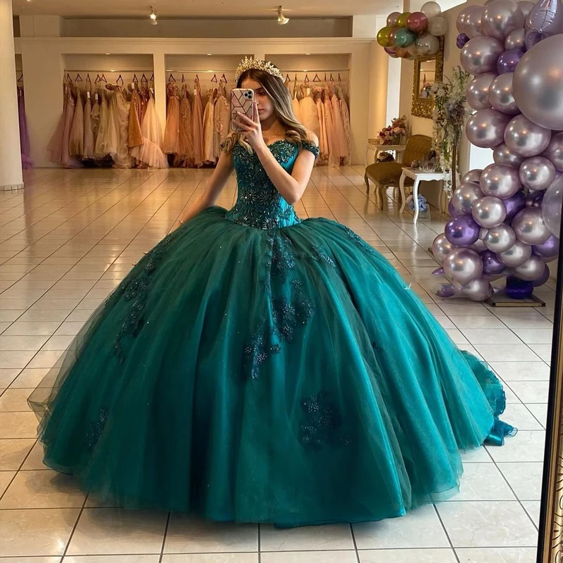 

Laboum Green Princess Sweet 15 Party Sexy Red Ball Gown Quinceanera Dresses Strapless Tulle Beading Formal Cinderella Birthday