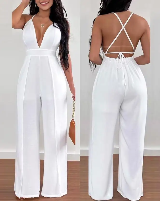 

2023 Woman Long Jumpsuits Elegant Crisscross Backless Sexy Plunging Neck Party Jumpsuit Ew Fashion Casual One Pieces