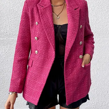 TRAF 여성용 더블 브레스트 트위드 블레이저 코트, 빈티지 긴팔 플랩 포켓, 여성 아우터, 시크한 상의, 패션 상품 이미지