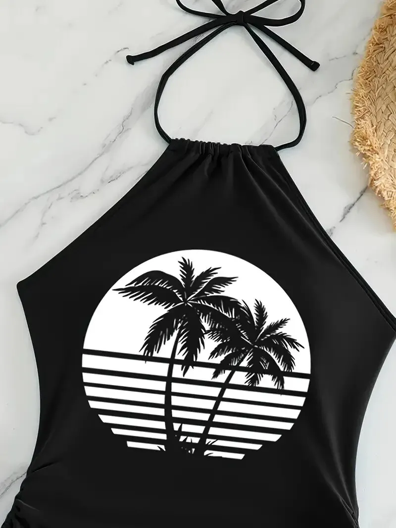 Coconut Tree Sunset Pattern Drawstring Two Piece Swimsuit Strapless Tie Neckline Backless Stretchy Low Rise Swimsuit women swimsuit,women two piece sets