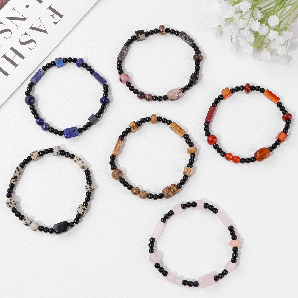 Bracelet En Onyx Noir Avec Cube Rectangle Pour Femme, Perles Rondes, Agates, Lapis-Lazuli, Malachite, Pierre Commandée, Bijoux Cadeaux