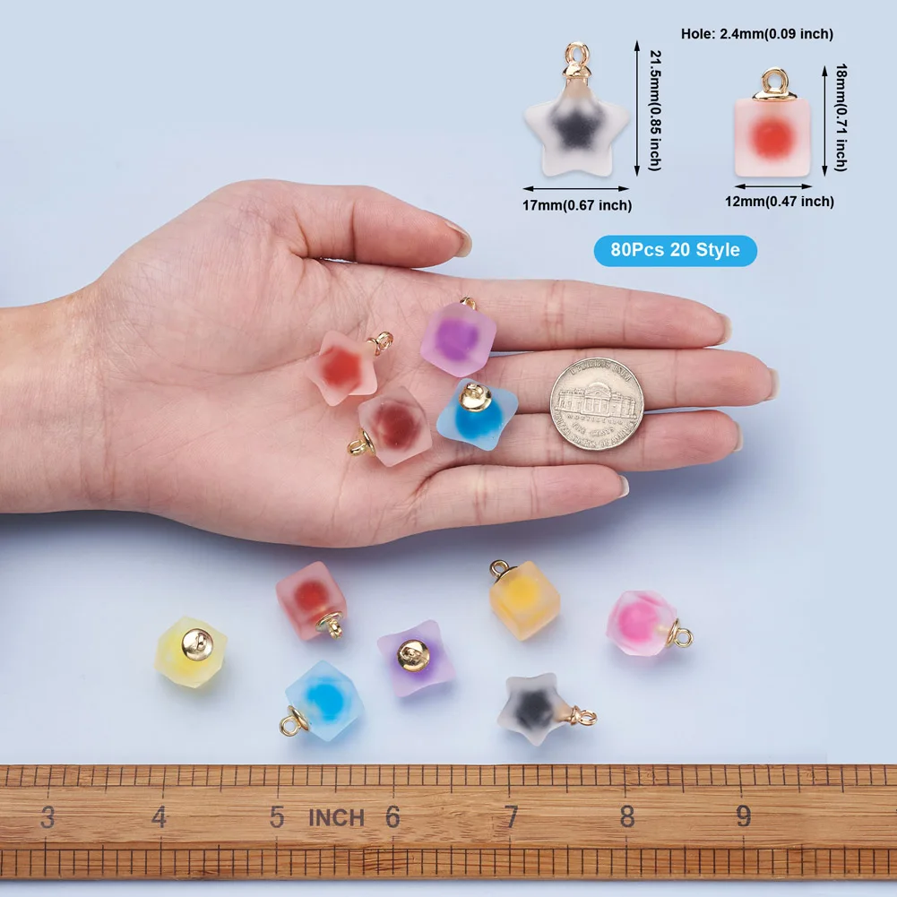 Kissitty 80Pcs Mixed Shape Resin Frosted Pendants Imitate Jelly Bead in Bead Pendants for Necklace Jewelry Making Findings