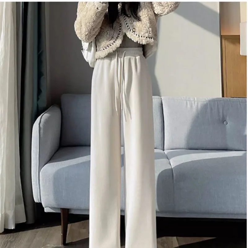 Autumn Winter New Fashion Elegant High Waist Pocket Casual Versatile Western Commuting Wide Leg Loose Solid Clothing Women Pants