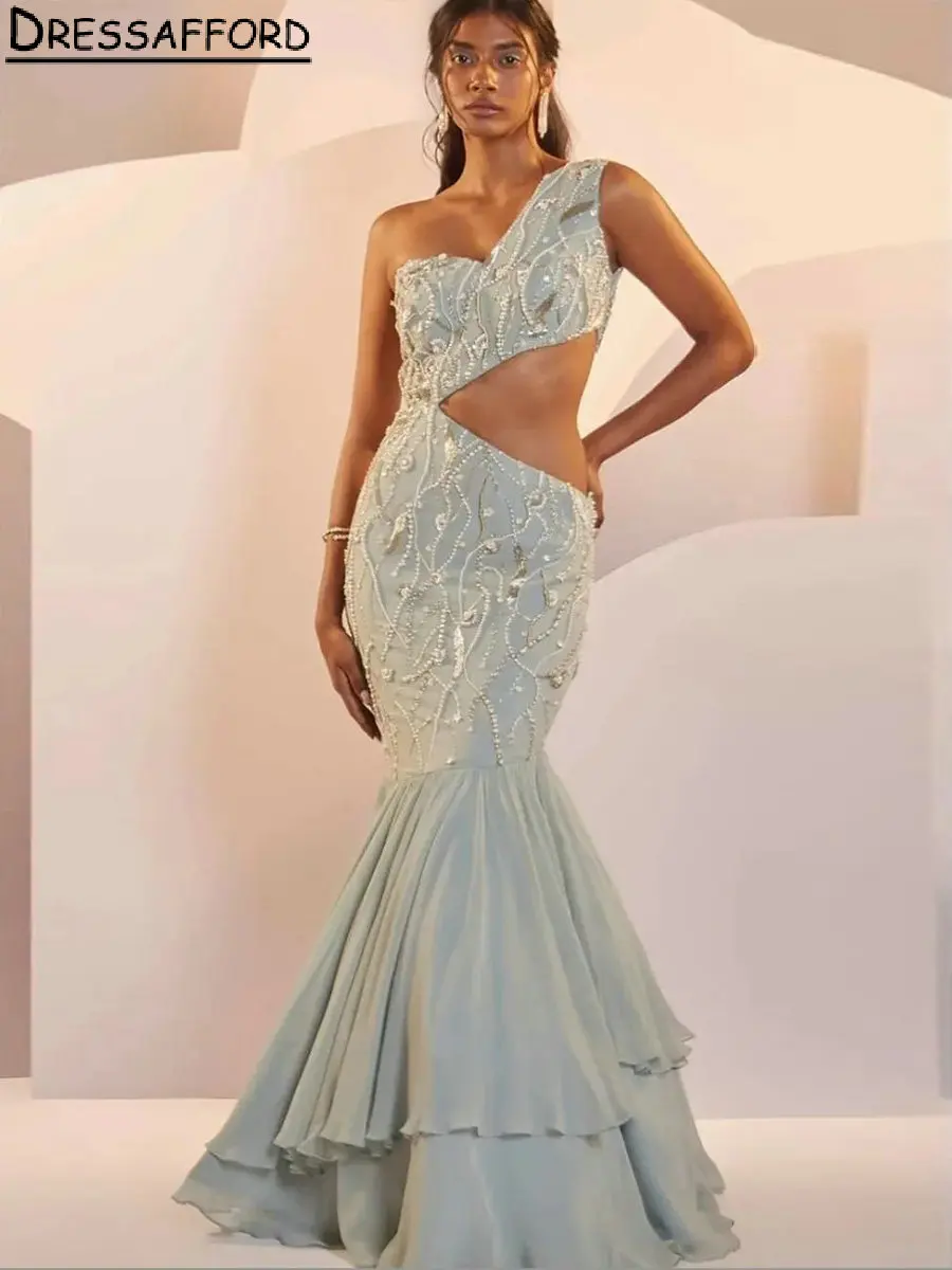 

Light Blue One Shoulder Pearls Beading Dubai Mermaid Evening Dresses Hollow Out Saudi Arabic Formal Party Gown
