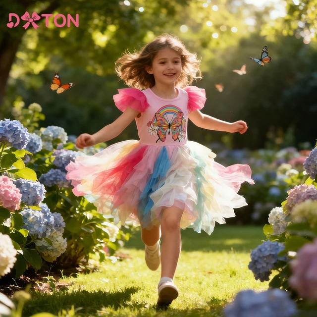 DXTON été princesse filles robes volants sans manches de luxe enfants vacances fête vêtements papillon enfants robe irrégulière 1
