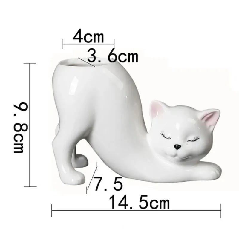 Ceramic Kitten Planter with Drainage Hole - Minimalist Animal Bonsai Container for Home and Desktop Decor