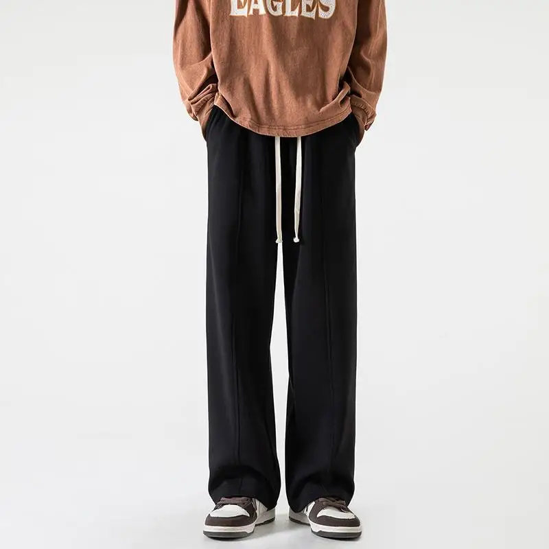 Autumn American High Street Trendy Straight Sports Casual Pants Men's Solid Drawstring Pockets Patchwork Loose Wide Leg Trousers