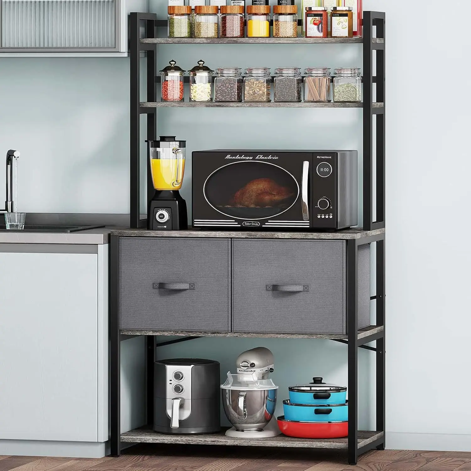 Denkee Bakers Rack with Drawers, Industrial 5 Tier Microwave Stand with Storage, Free Standing Kitchen Stand Storage Shelf Rack