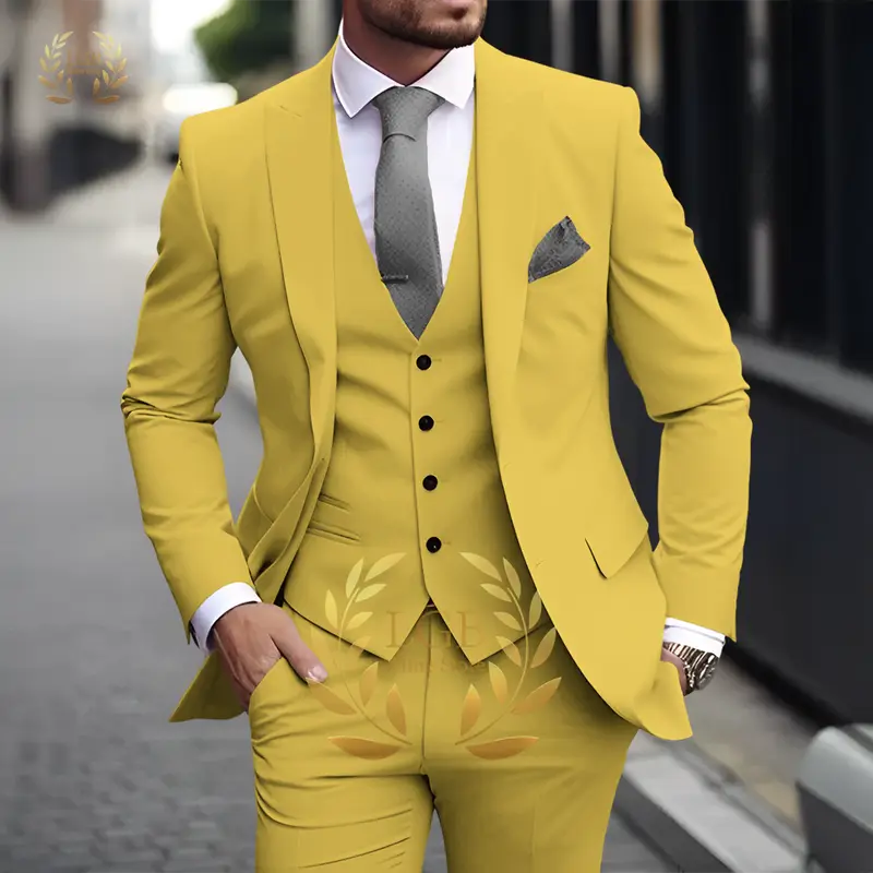 Men's Khaki 3-Piece Suit Classic Peak Lapel Business Formal Wedding Groom Slim Fit Elegant Gentleman Style Fashion Blazer - Image 11