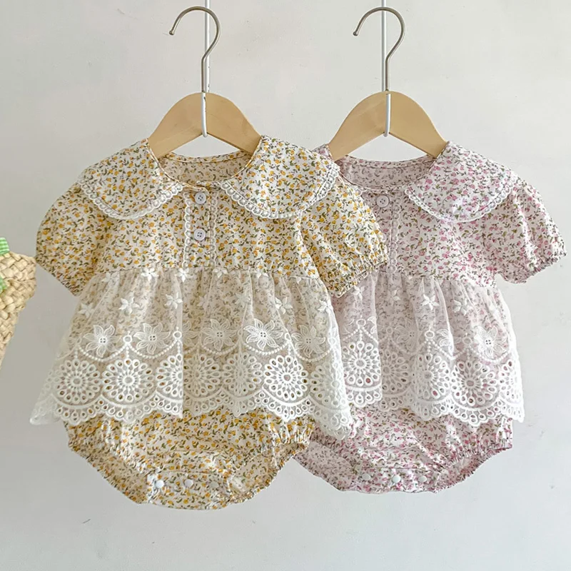 

Summer Infant Baby Girls Bodysuits Short Sleeved Cotton Floral Printing Lace Stitching Toddler Clothes Baby Girls Jumpsuit