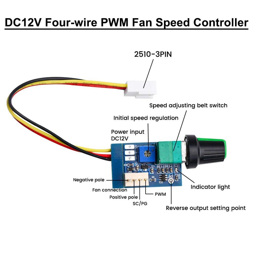 DC 12V PWM Motor Speed Controller Fan Speed governor 4Wire Adjustable DC Control Switch for PC CPU Cooler Fan Manual Stop