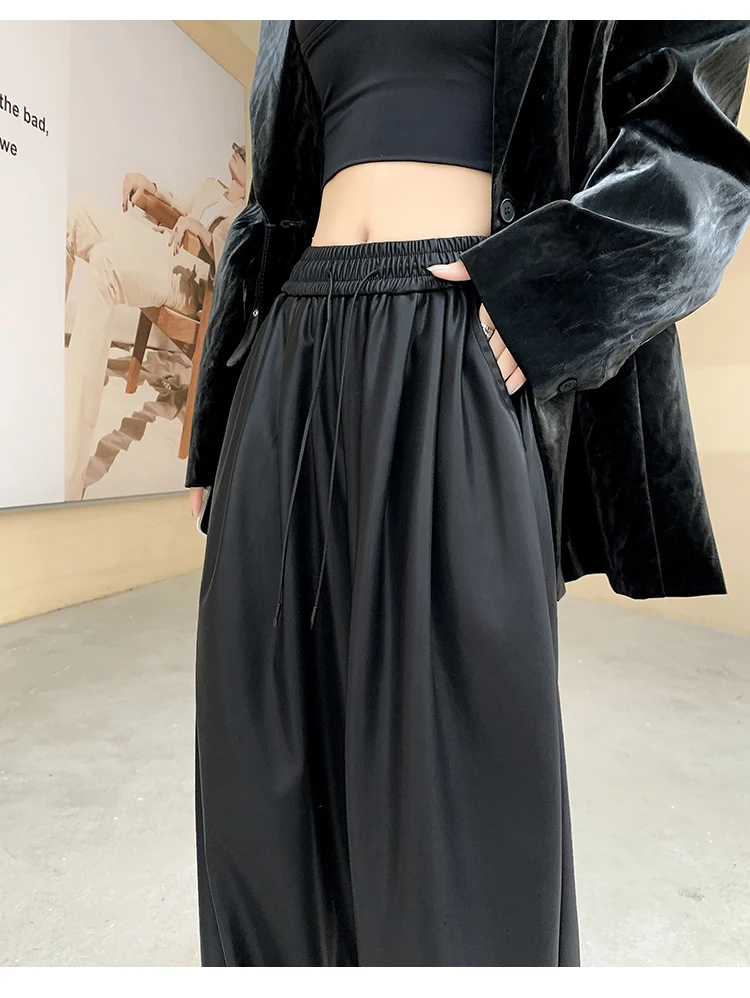 Herbst Einfarbig Klassische Volle Länge Gerade Frauen Hosen High Street Fashion Kordelzug Elastische Taille Weibliche Breite Bein Hosen – Detail 19
