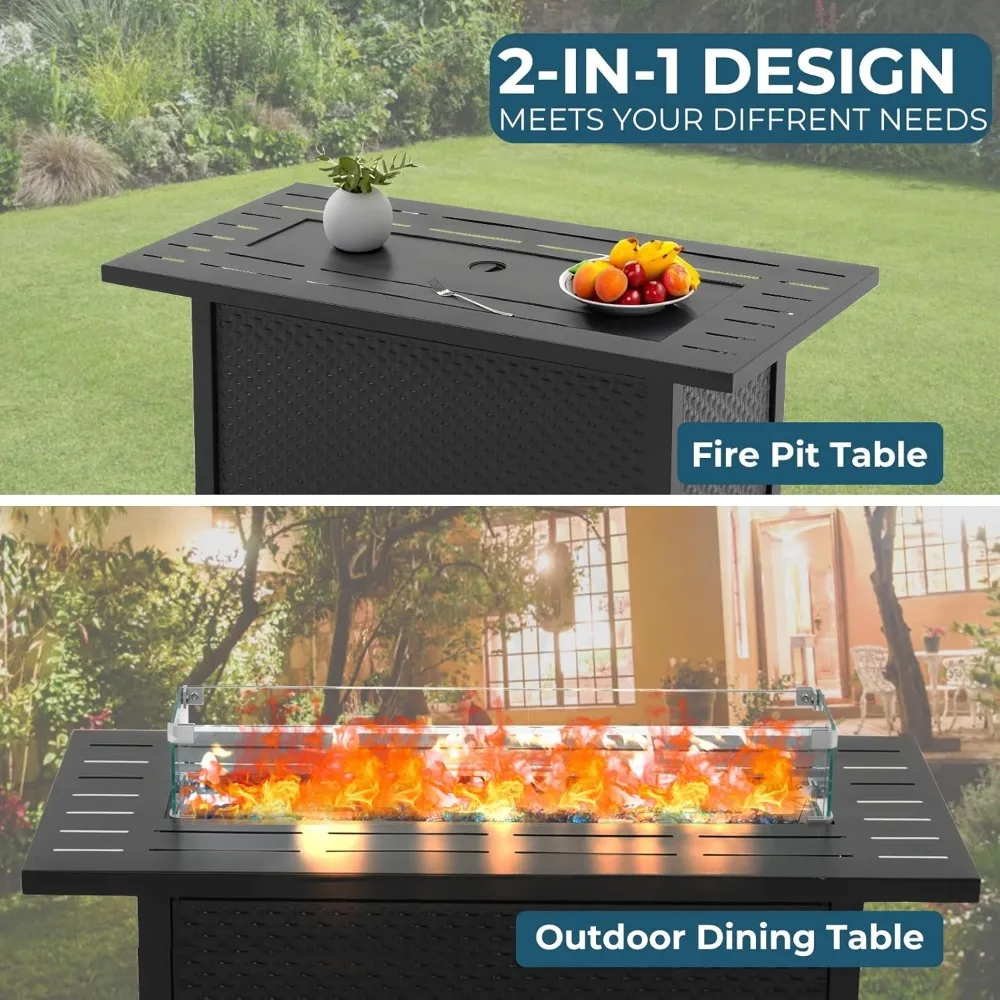 Propane Fire Pit Table 45 Inch 50,000 BTU Square Outdoor Gas Firepit with Steel Tabletop Glass Wind Guard Blue Glass