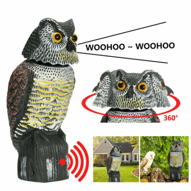 2022 Realistic Bird Scarer Rotating Head Sound Owl Prowler Decoy