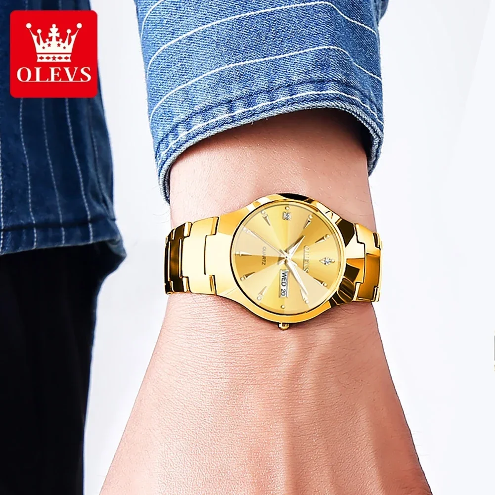 OLEVS Luxury Quartz Watches for Men Golden Tungsten Steel Strap Men's Watches Waterproof Luminous Date Week Business Wrist Watch 4