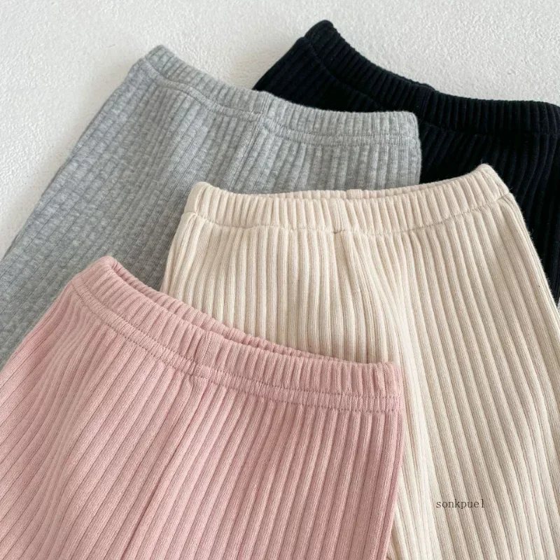 2023 Solid Girl Casual Flared Trousers Stretch Ribbed Wooden Hem Casual Trousers Girls Baby Spring Versatile Cotton Leggings