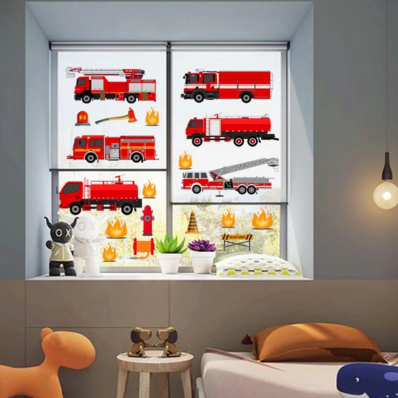 Cartoon Fire Truck Wall Decor Decals for Kids Room Playroom Bedroom