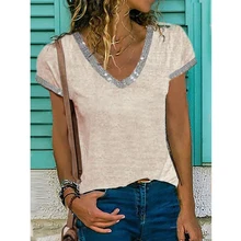  Female V Neck Short Sleeve Shirt Women Summer Hip Hop Color Contrast T Shirt  Street Fashion Pullover Solid Clothes Top 