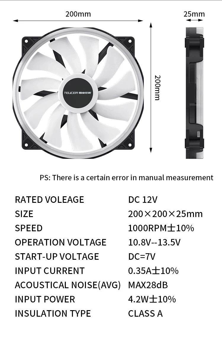 20025 5V 3PIN ARGB Case Fan 200mm 4PIN Cooling Fan High Air Volume 500-1500RPM C
