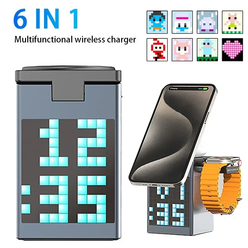 Bluetooth Speaker 6 in 1 Wireless Charger For iPhone 16 15 14 13 12 Fast Charging Station For Apple Watch 9 8 7 6 With Clock