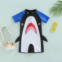 0-4Y Toddler Baby Boy Short Sleeve Zipper Swimwear Cartoon Shark Quick Drying Swimsuit Summer One Piece Beachwear Bathing Suit 1