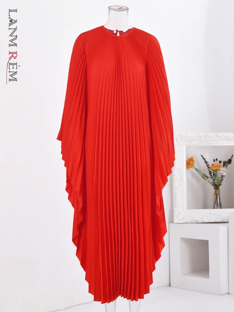 

LANMREM Pleated Loose Long Women's Dress Round Neck Batwing Sleeves Solid Color Dresses Party 2024 Spring New Clothing 2AA1877