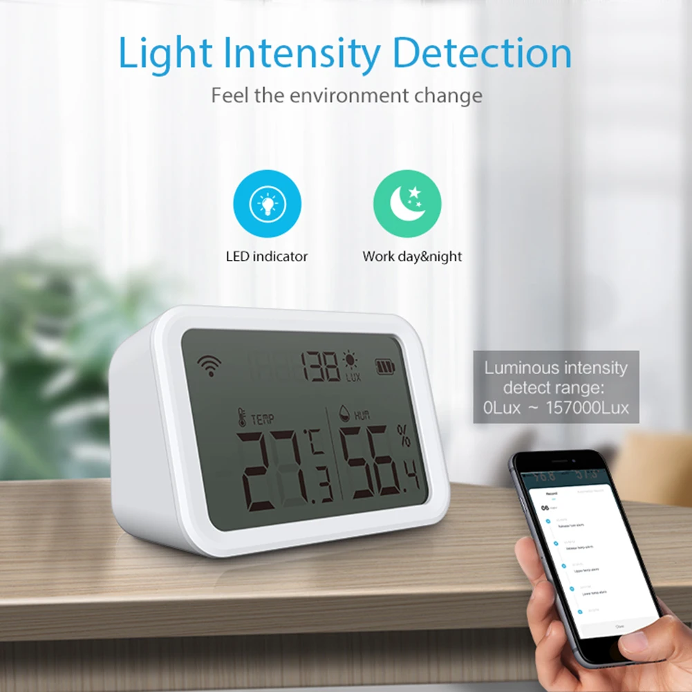 LCD Display Wifi Temperature Humidity Brightness Sensor 3 in 1 Hygrometer Thermometer Large Illumination Sensors for Smart Home