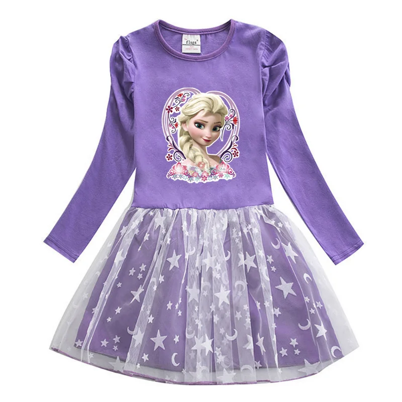 thumbnail image 1 of Vestidos de princesa Elsa de Frozen de Disney, disfraz de Cosplay para niñas pequeñas, vestido de tul con estampado de dibujos animados para bebés, regalo para niños de primavera y verano, 1 of 4
