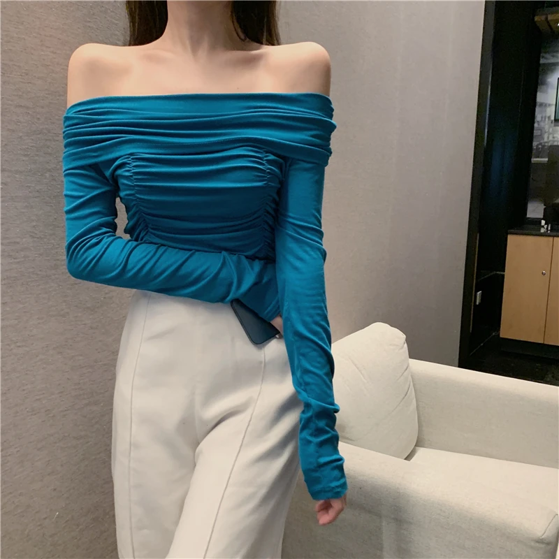 

Slash Neck Shirts for Women Sexy Off-the-shoulder Long-sleeved Slim Tees Scheming Pleated Bottoming Top Women Autumn Tops