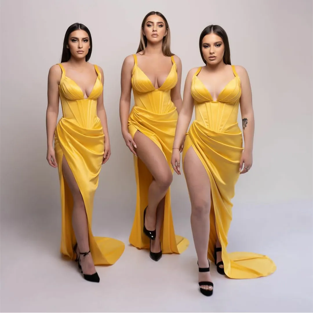 

Sexy Spaghetti Straps Prom Dresses for Women High Split Trumpet Satin Evening Gowns for Wedding Long Backless robe soireé femme