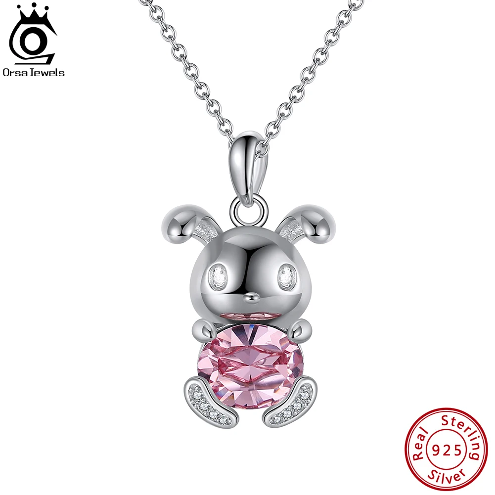 

ORSA JEWELS Exquisite 925 Sterling Silver Rabbit Pendant Necklace with Pink Austria Crystal 5A CZ for Women Party Jewelry SWN19