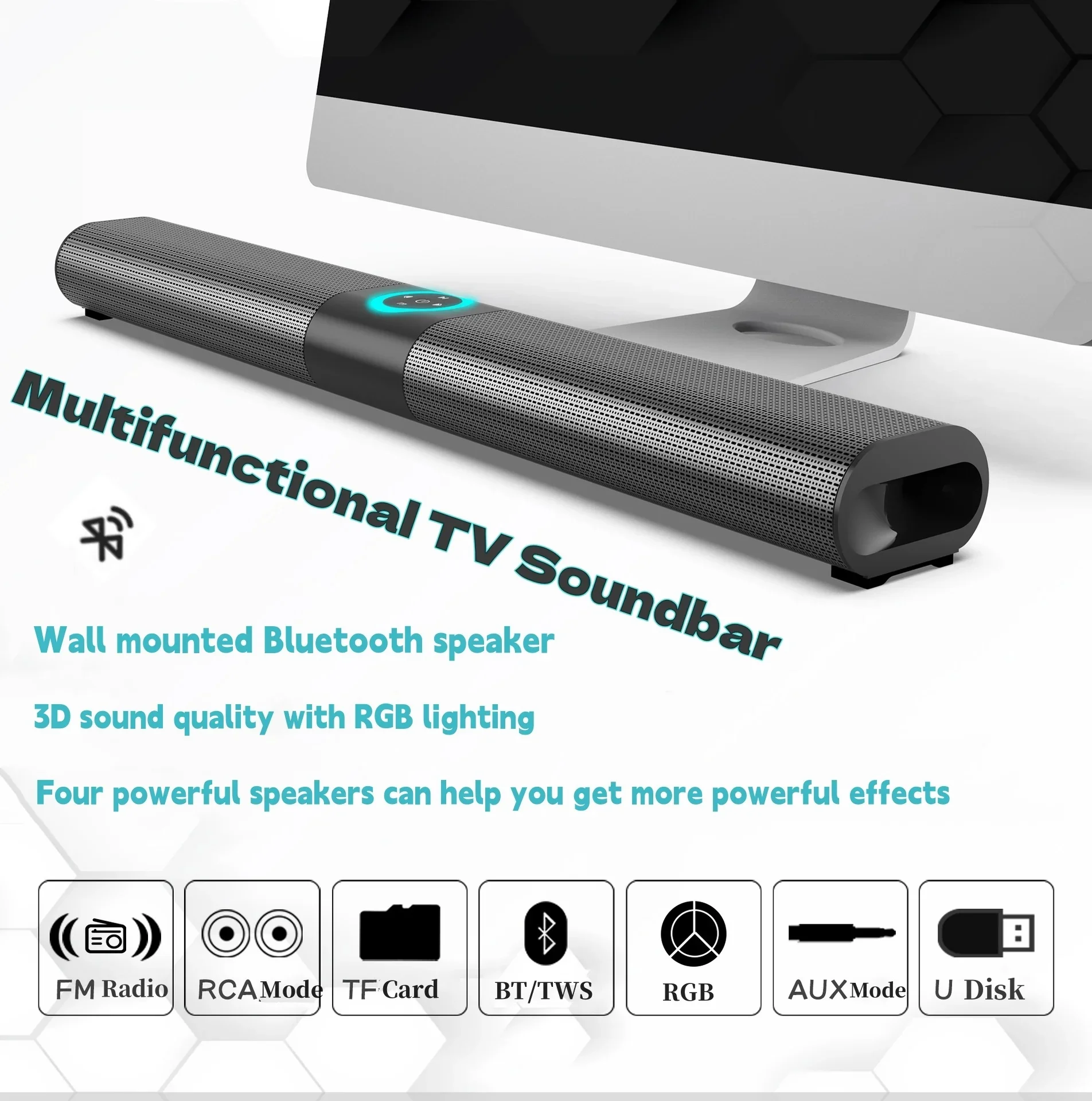 Bs-20 Tv Soundbar Outdoor Portable Bocinas Altoparlante Bluetooth Wireless Home Theater A Parete Fm A Doppio Scopo Con Luci Rgb