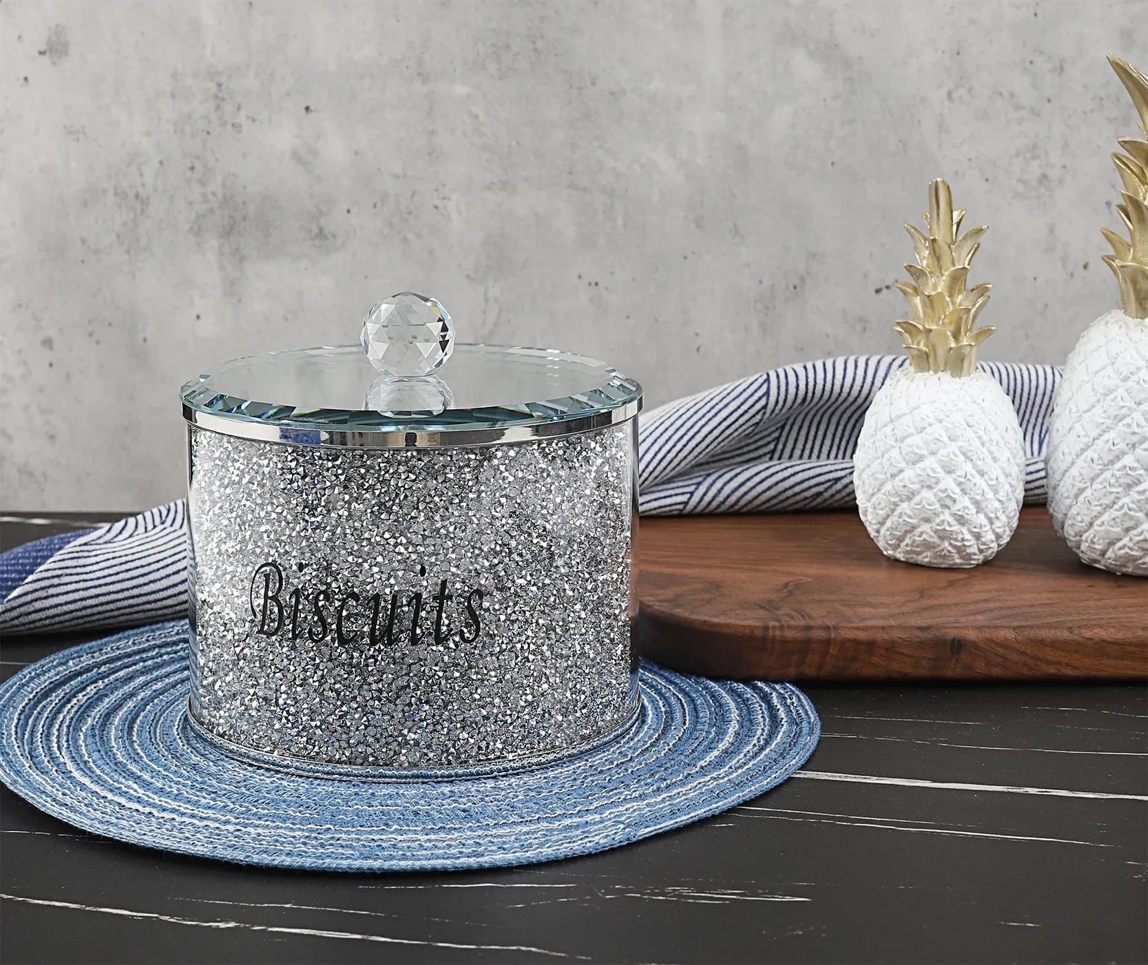 Crystal Glass Biscuit Container Jar Tin with Lid Kitchen Counter Storage Silver Trimmings Crystal Filled Decorative Storage Box 5