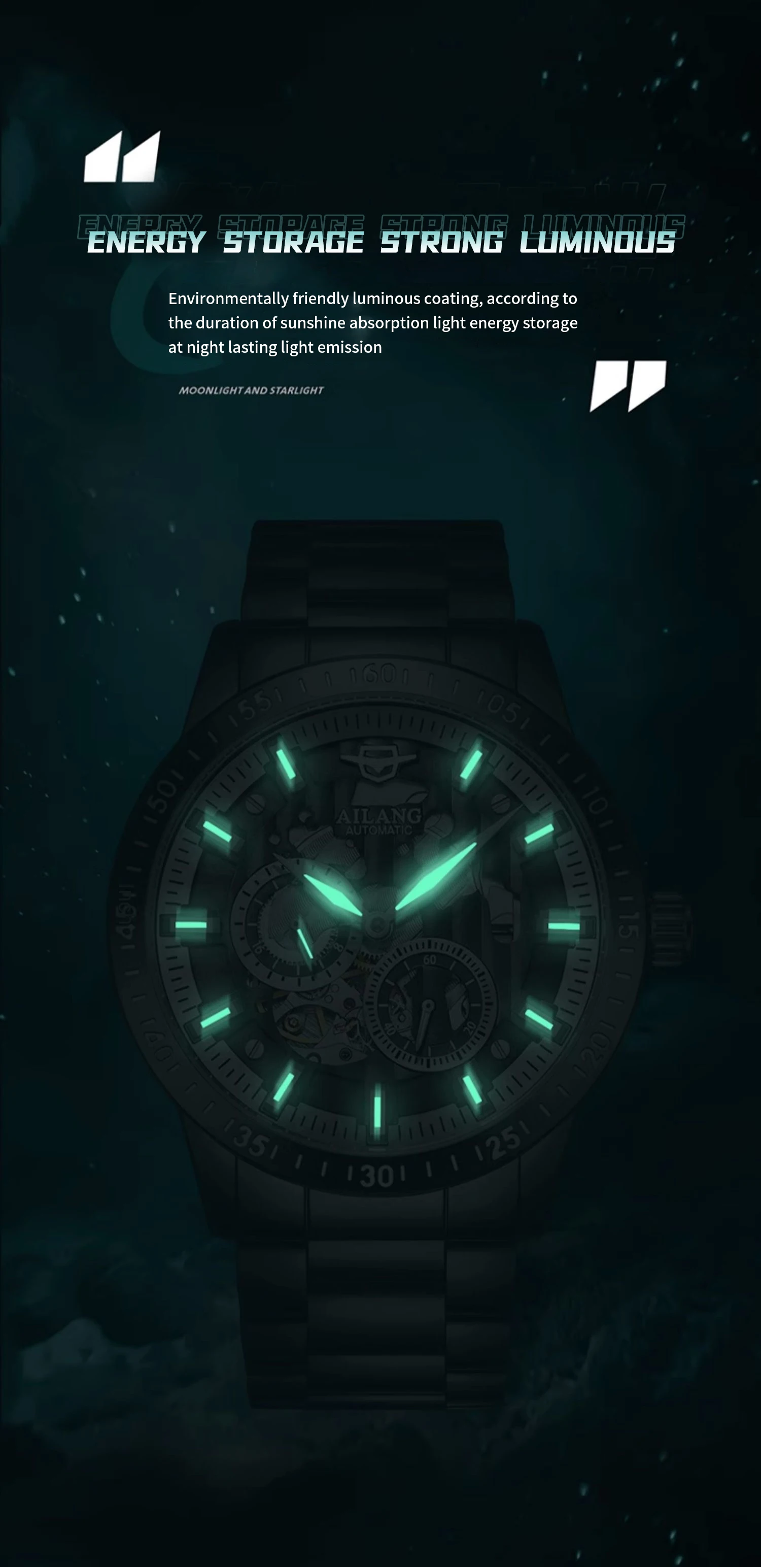 AILANG 8130 Herren Automatikuhr, mechanische Uhr mit doppelseitigem Skelett, leuchtend, wasserdicht, Edelstahl Sportuhr für Herren – Detail 5