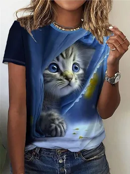 Navy Blue Peeking Kitten Women's Tee - Cute Blue-Eyed Cat Graphic, Whimsical Night Print Design for Casual Daily Wear 1