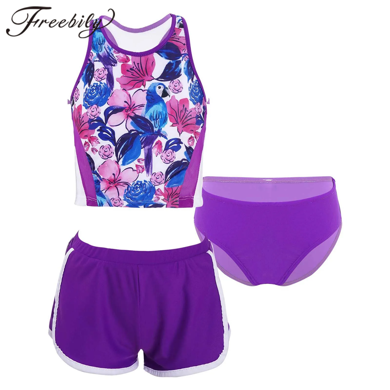 

3Pcs Kids Girls Swimwear Bathing Suit Children's Swimsuits Sleeveless Racer Tops with Briefs Shorts Ballet Outfit Yoga Set