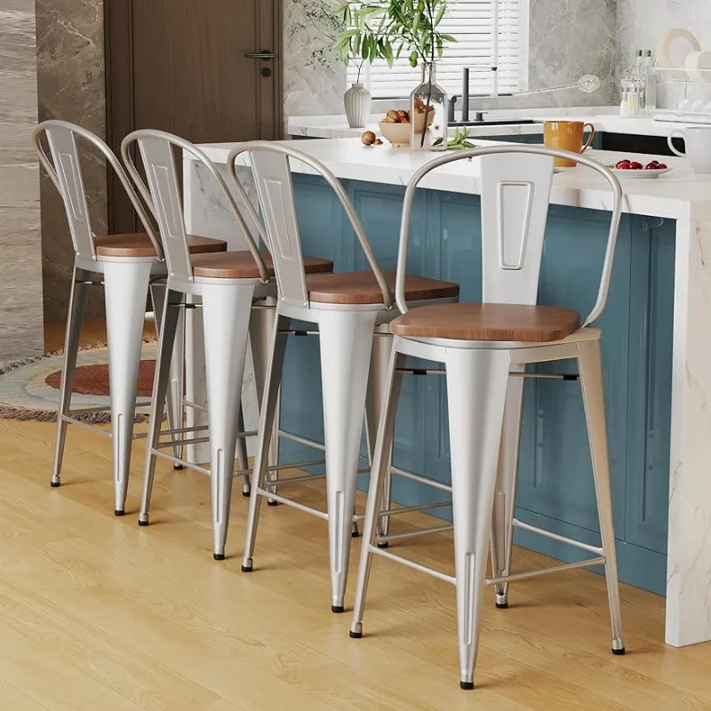 

24" Swivel Metal Barstools Set of 4 High Back Counter Height Bar Stools Kitchen Dining Bar Chairs Industrial with Wooden Seat
