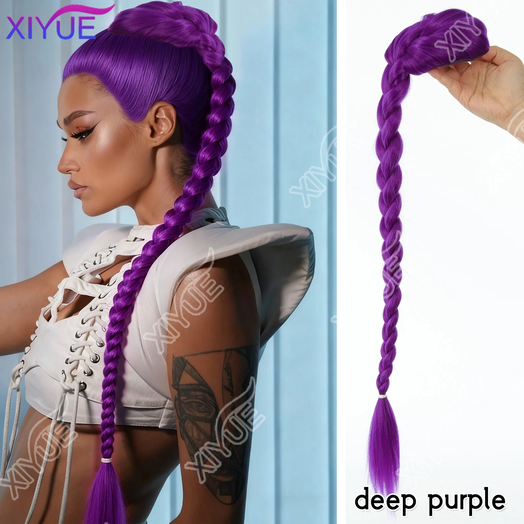 XIYUE Easy Clip in Purple Ponytail Extensions 26 Inch Rumi Long Purple Braids Synthetic Fiber Hair for Cosplay Halloween Costume