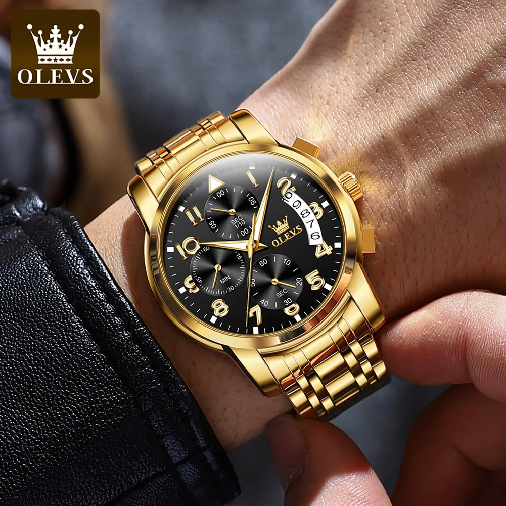 OLEVS Fashion Watch for Men Luxury Golden Stainless Steel Men's Watches Chronograph Luminous Dial Quartz Wristwatch Reloj Hombre
