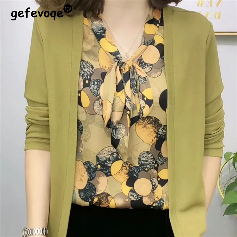 Women's Clothing Bow Lace Up Print Patchwork Blouse Spring Autumn Casual Long Sleeve Loose Ladies Tops Blusas Mujer De Moda 2023