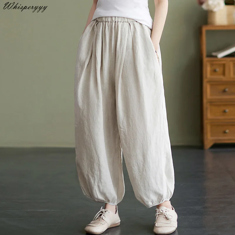 

Summer Wear Thin Literary Cotton and Linen Solid Color Bloomers Women's New Loose Casual National Style Radish Pants Female