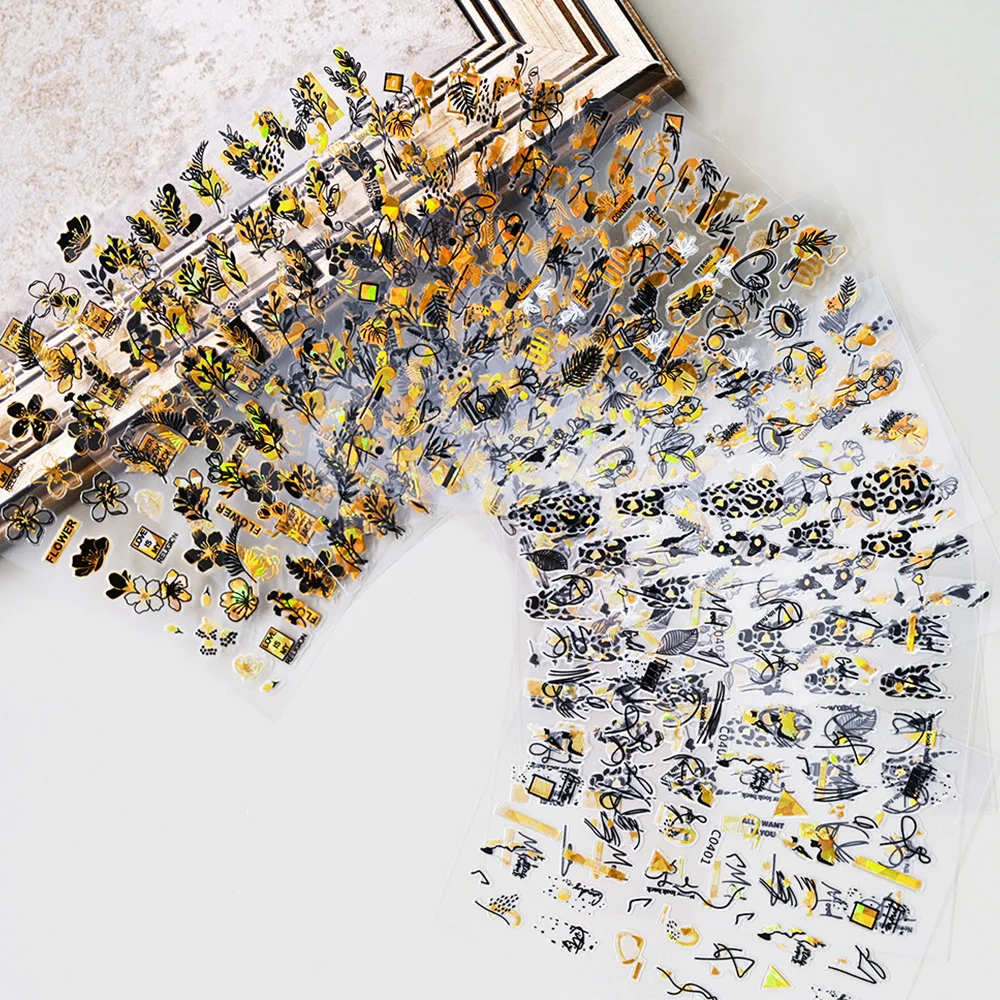 

8*10.2CM Black Gold Leaves Nails Art Sticker 3D Laser Abstract Line Gold Nail Decal Black Bronzing Flowers Self-Adhesive Slider