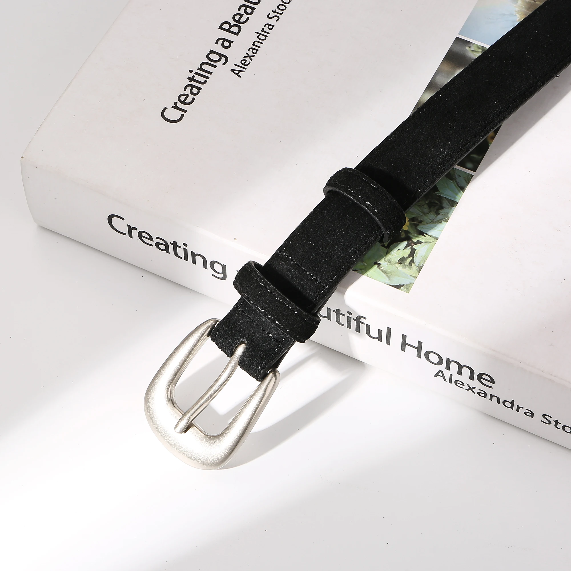 Women's Fashion Suede Leather Belt with Silver Buckle