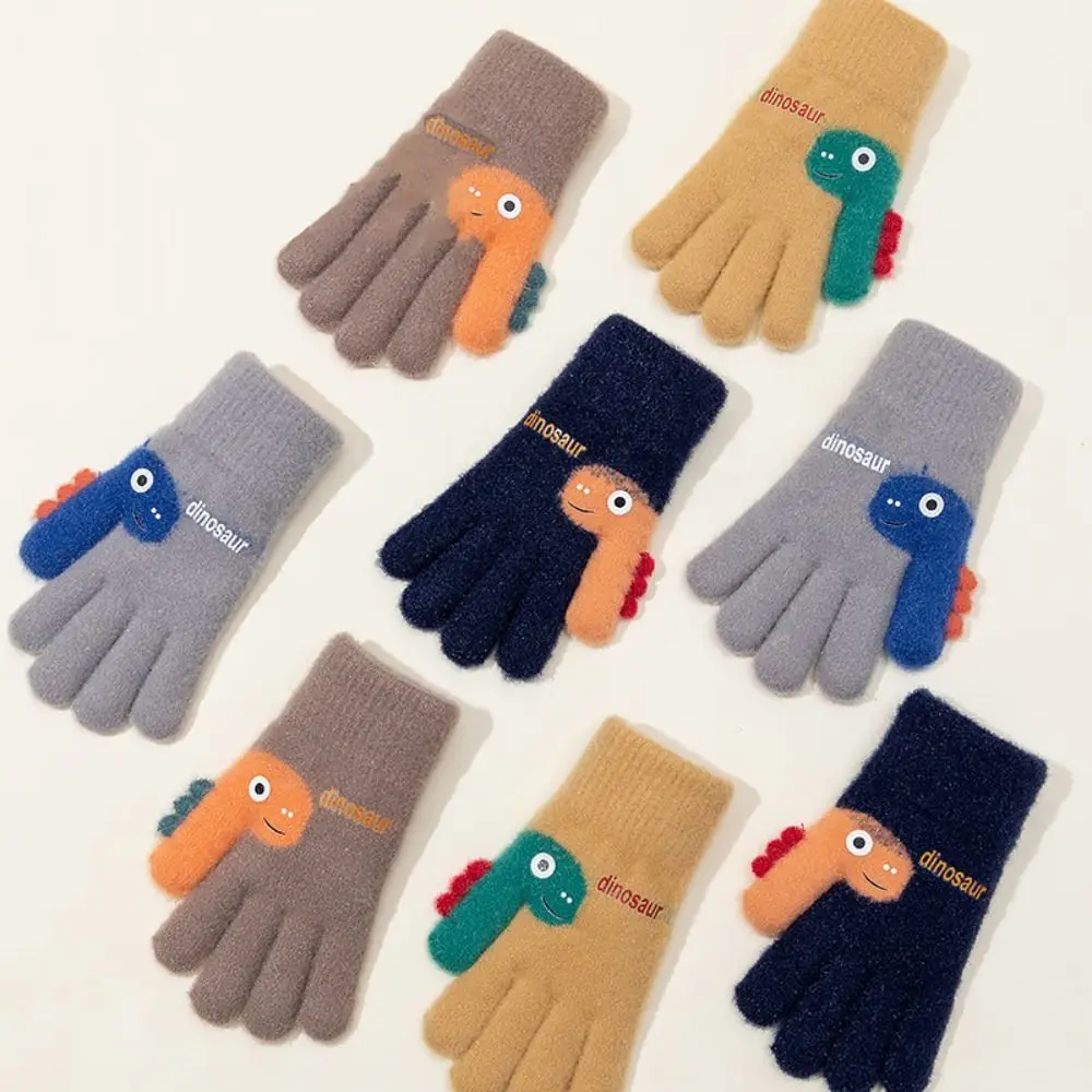 7-12 Years Old Winter Knitted Gloves Cartoon Dinosaur Elastic Five-finger Gloves Fashion Thickend Kids Boys and Girls
