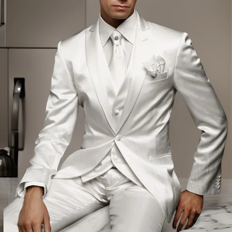 Slim Fit Men Suit for Wedding Groom Tuxedos 3 Piece Satin Male Fashion Set Jacket Pants Vest Latest Style mens suit