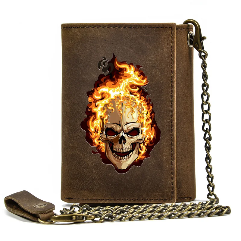 

Высококачественный мужской кошелек из натуральной кожи с защитой от кражи и металлической цепочкой, винтажный кошелек с крышкой и черепом, короткий кошелек с держателем для карт