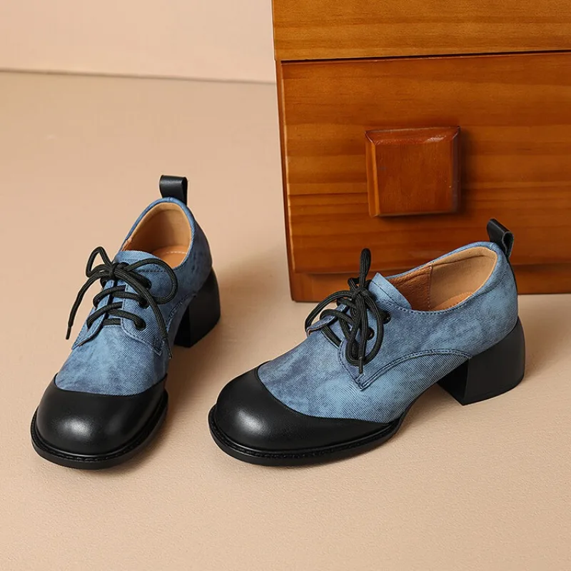 Genuine leather lace up single shoe round toe thick heel soft sole women's shoes versatile commuting casual shoes