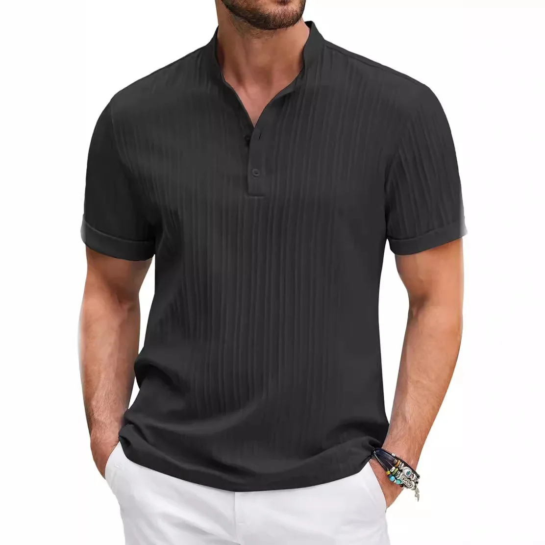 Men's New Summer Trend High-End Striped Casual Short-Sleeved Shirt High Quality Classic Stand Collar Comfortable Fashion sShort- 5