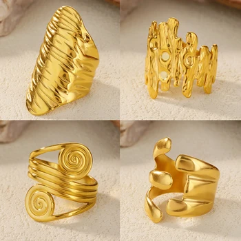 Punk Irregular Geometric Rings for Women Stainless Steel Gold Color Wrap Coil Ring Aesthetic Wedding Waterproof Jewelry Gift