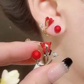 925 Silver Needle Red Tulip Flower Earrings For Women Jewelry 2025 Trending Luxury Back Hanging Black Women's Stud Earrings New